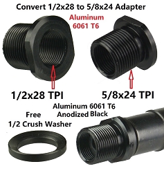  1/2-28 TPI Thread Protector with 5/8-24 TPI Outside Thread, 1/2x28 TPI to 5/8x24 TPI Convertor. Aluminum  Anodized Black